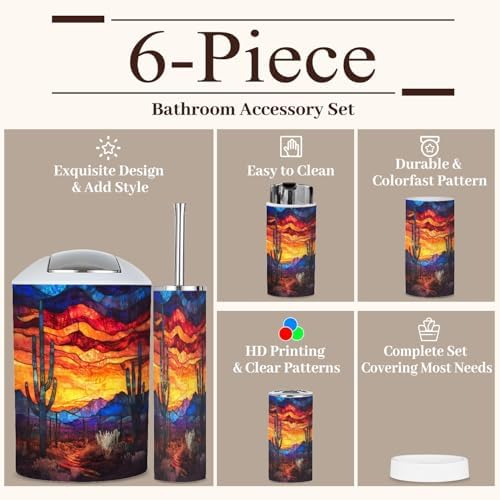 6 Piece Bathroom Accessories Set Mystical Desert Cactus Textured Stained Glass Art