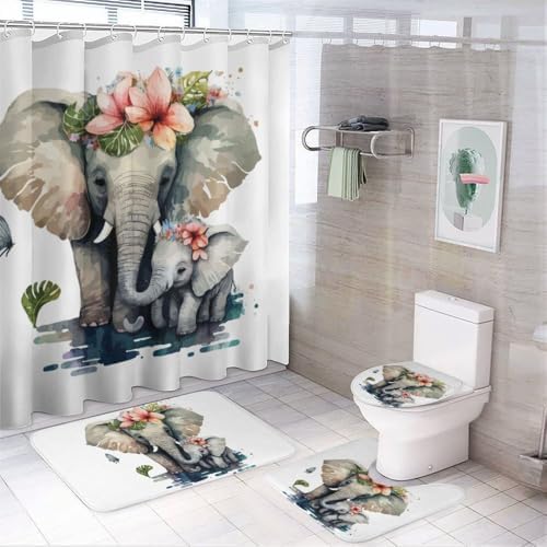 Kuizee 4 Piece Shower Curtain Set with Rugs and 12 Hooks 1