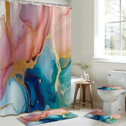 4 Piece Shower Curtain Set with Non-Slip Mats