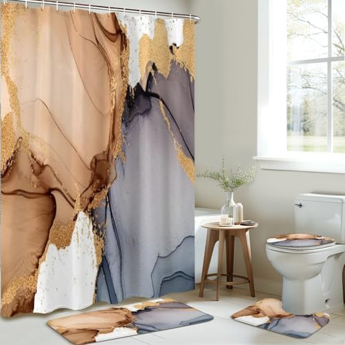 4 Piece Shower Curtain Set with Rugs Mats and Lid Cover 1