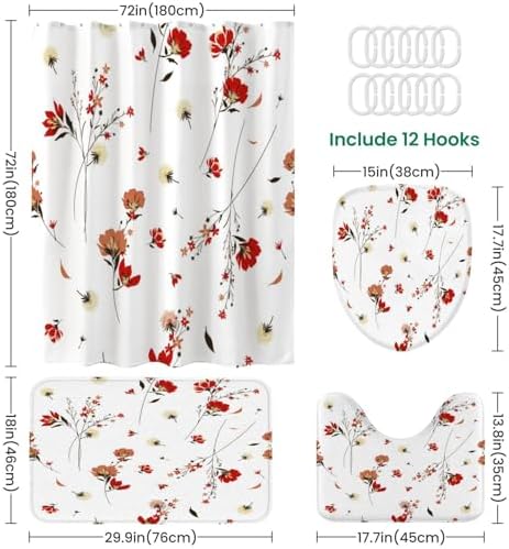 4-Piece Shower Curtain Set with Retro Wild Flowers Pattern