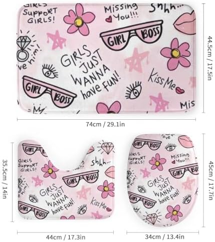 Kuizee 4-Piece Shower Curtain Set with Pink Flower Doodle Rugs
