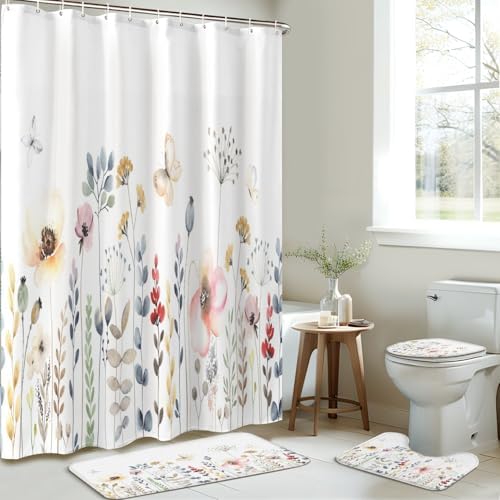JCOOKLOFTS 4 Piece Shower Curtain Set with Rugs