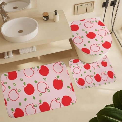 Kuizee 4-Piece Shower Curtain Set with Non-Slip Rugs - Apple Fruit Pink