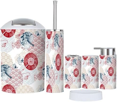 6pcs Bathroom Accessories Set Red Blue Fans Flower Japanese Design
