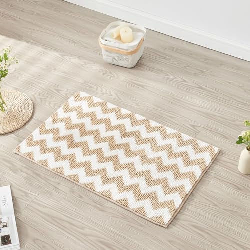 CozeCube Chenille Bath Rug 48x24 Plush Non-Slip Microfiber Chevron Mat - Beige
