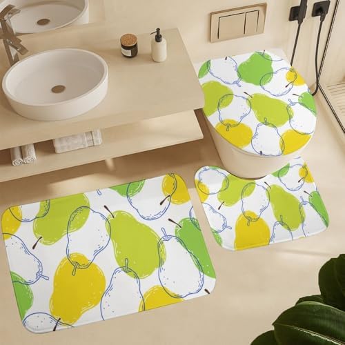 Kuizee 4-Piece Shower Curtain Set with Non-Slip Rugs Pear Fruits Texture