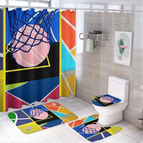 Kuizee 4-Piece Basketball Court Shower Curtain Set with Rugs