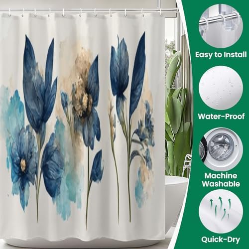 4 Piece Shower Curtain Set with Blue Flowers Design