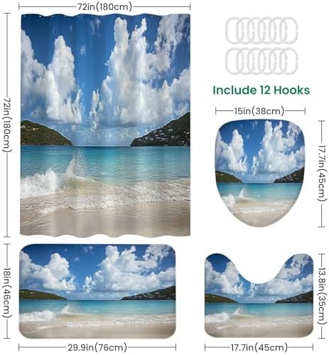 4 Piece Shower Curtain Set with Non-Slip Rugs and Cushions