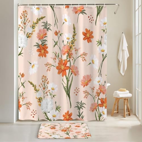 JCOOKLOFTS 4-Piece Shower Curtain Set with Rugs and Mats
