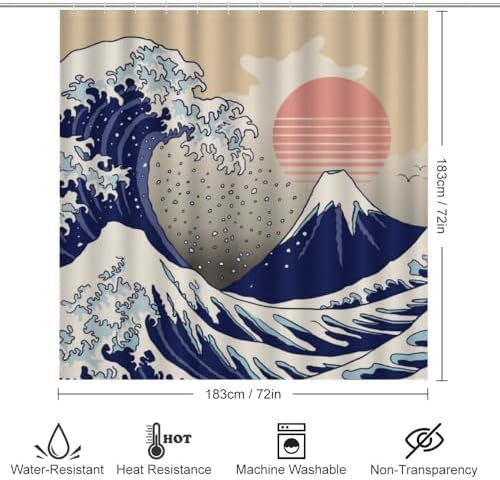 Kuizee 4 Piece Japanese Wave Shower Curtain Set with Non-Slip Mats