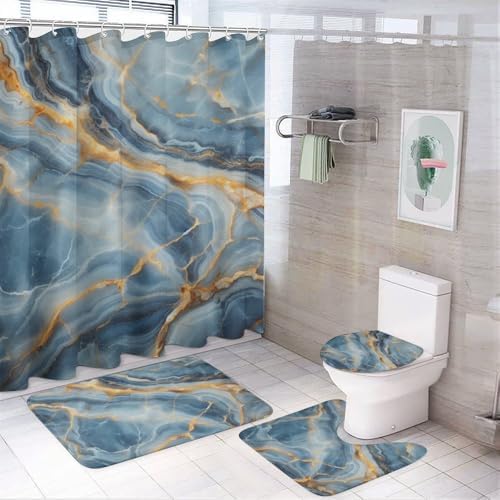 Kuizee 4-Piece Shower Curtain Set with Marble Granite Rugs