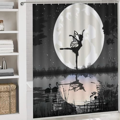 Kuizee 4 Piece Fairy Moon Shower Curtain Set with Non-Slip Rugs
