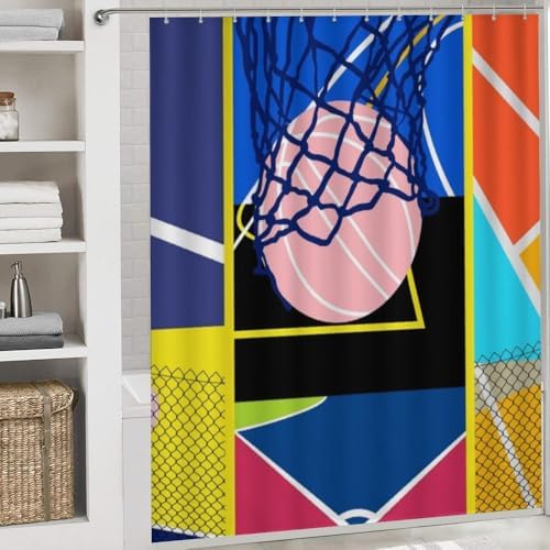 Kuizee 4-Piece Basketball Court Shower Curtain Set with Rugs