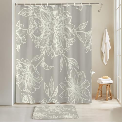 4 Piece Shower Curtain Set with Retro Floral Pattern