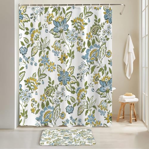 4 Piece Shower Curtain Set with Rugs and Toilet Lid Cover