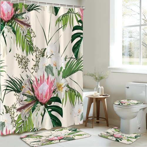 4 Piece Shower Curtain Set with Rugs and Toilet Lid Cover 1