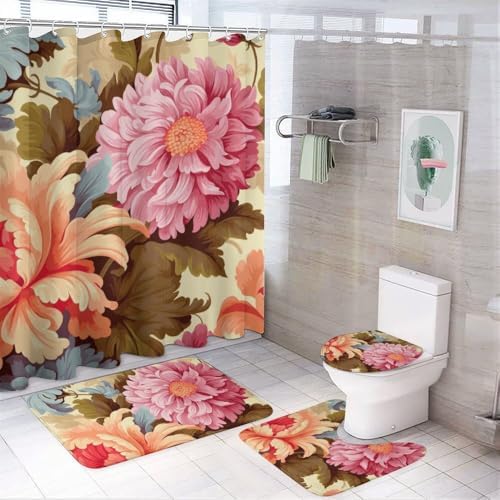Kuizee 4-Piece Bathroom Set with Non-Slip Mats and Shower Curtain 1