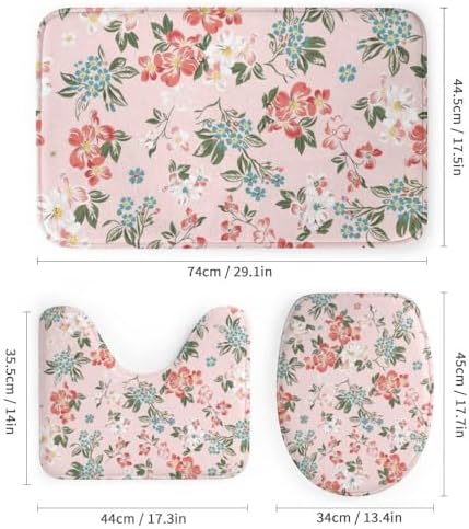 Kuizee 4-Piece Flower Pink Shower Curtain Set with Rugs and 12 Hooks