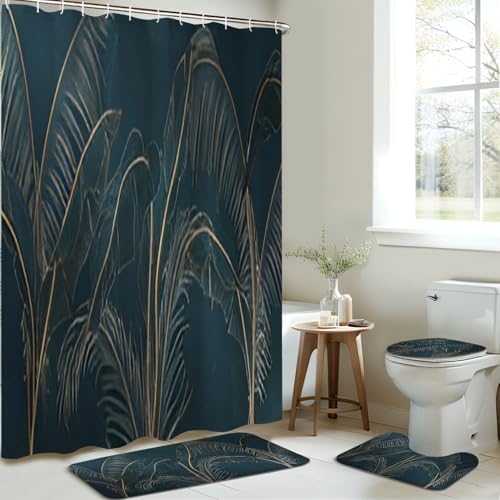 JCOOKLOFTS 4-Piece Shower Curtain Set with Rugs Mats and Non-Slip Design