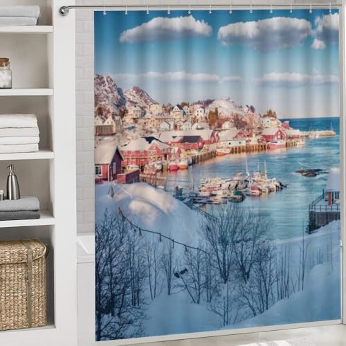 Kuizee 4 Piece Winter Scene Shower Curtain Set with Rugs and 12 Hooks