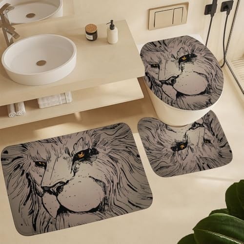Kuizee 4 Piece Grunge Abstract Lion Shower Curtain Set with Non-Slip Rugs