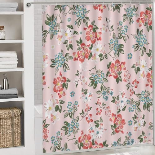 Kuizee 4-Piece Flower Pink Shower Curtain Set with Rugs and 12 Hooks