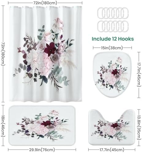 4 Pieces Dusty Pink Shower Curtain Set with Non-Slip Rugs