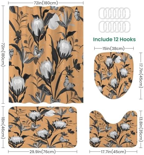 JCOOKLOFTS 4 Piece Shower Curtain Set Retro Black Grey with Night Stars