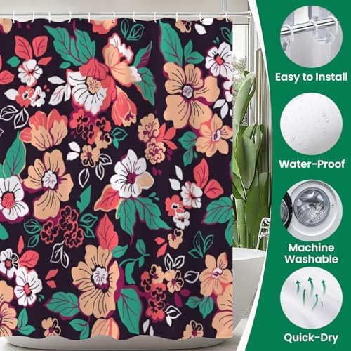 4 Piece Shower Curtain Set with Rugs Mats and Floral Pattern