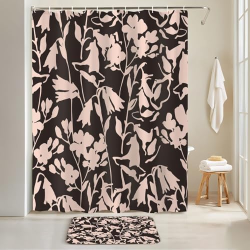 4 Piece Shower Curtain Set with Floral Pattern