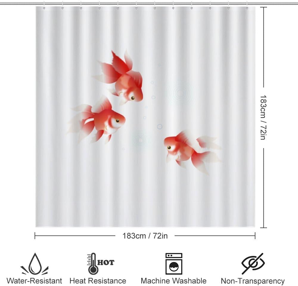 Kuizee 4-Piece Shower Curtain Set with Rugs Red Goldfish Design