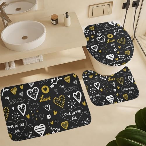 Kuizee 4-Piece Shower Curtain Set with Doodles and Rugs
