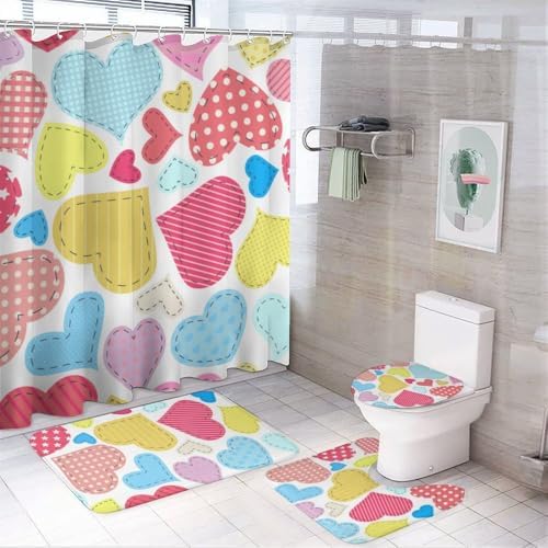 Kuizee Valentine Shower Curtain Set with 4 Pieces Rugs