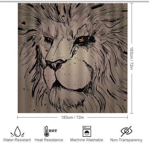 Kuizee 4 Piece Grunge Abstract Lion Shower Curtain Set with Non-Slip Rugs