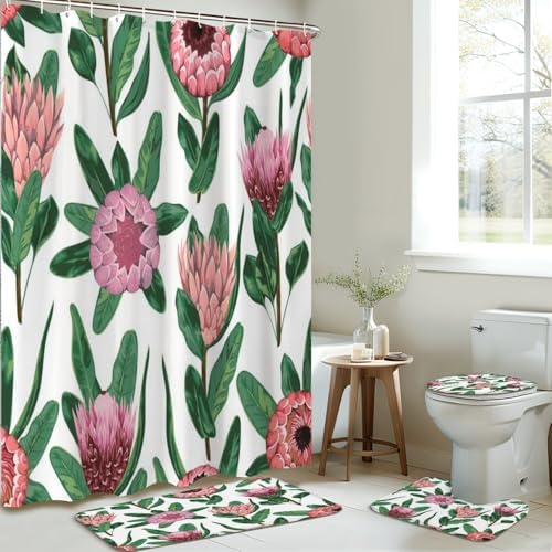 4 Piece Shower Curtain Set with Rugs and Decor