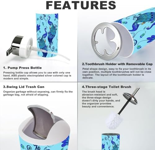 Modern Blue Magic Peacocks Bathroom Accessories Set 6 Pcs
