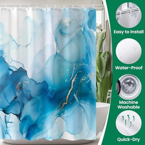 4-Piece Shower Curtain Set with Rugs and Mats Cyan Blue Pattern