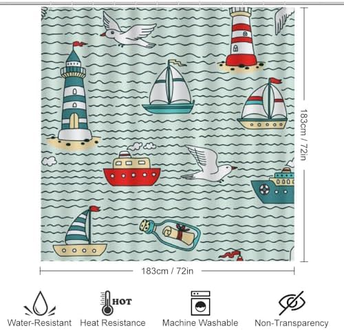 Kuizee 4-Piece Shower Curtain Set with Non-Slip Rugs and Lighthouses Design