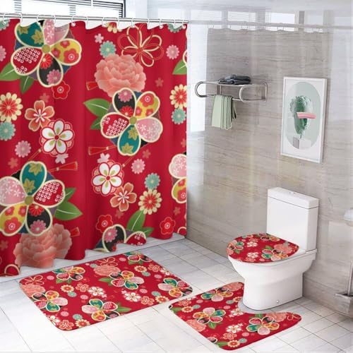 Kuizee Retro Japanese Red Shower Curtain Set with 4 Pieces Non-Slip Rugs