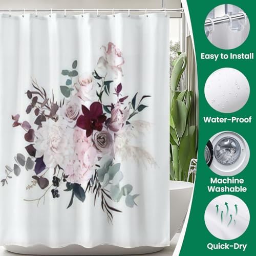 4 Pieces Dusty Pink Shower Curtain Set with Non-Slip Rugs