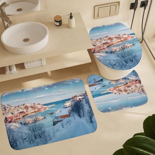Kuizee 4 Piece Winter Scene Shower Curtain Set with Rugs and 12 Hooks