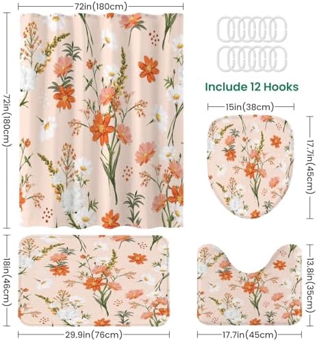 JCOOKLOFTS 4-Piece Shower Curtain Set with Rugs and Mats