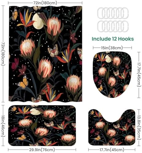 4 Piece Shower Curtain Set with Rugs and Night Stars Pattern