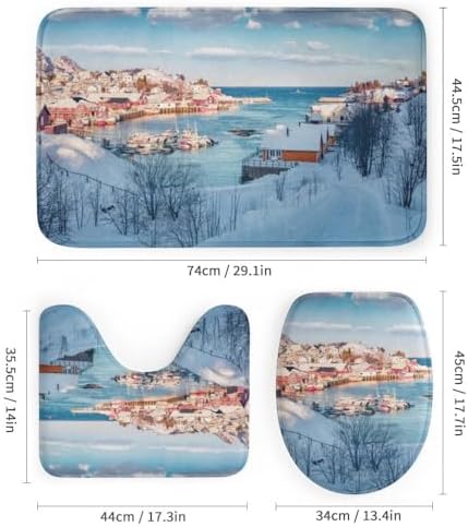 Kuizee 4 Piece Winter Scene Shower Curtain Set with Rugs and 12 Hooks