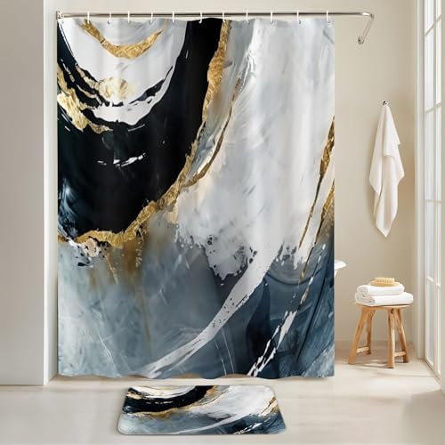 JCOOKLOFTS 4 Piece Shower Curtain Set with Rugs and Mat