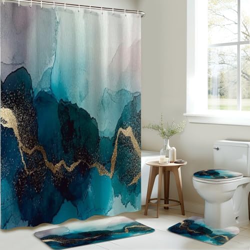 JCOOKLOFTS 4 Piece Shower Curtain Set with Rugs Mats and Lid Cover