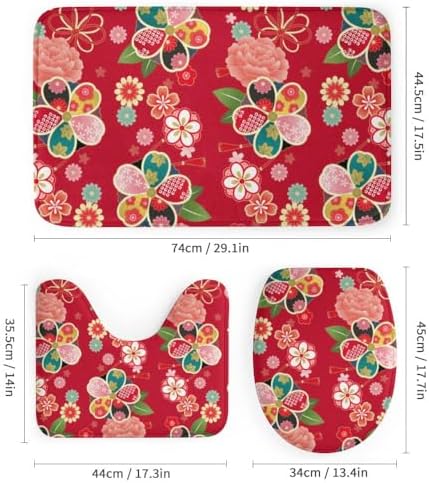 Kuizee Retro Japanese Red Shower Curtain Set with 4 Pieces Non-Slip Rugs