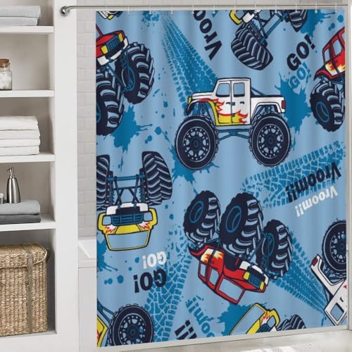 Kuizee 4-Piece Monster Truck Shower Curtain Set with Rugs and 12 Hooks